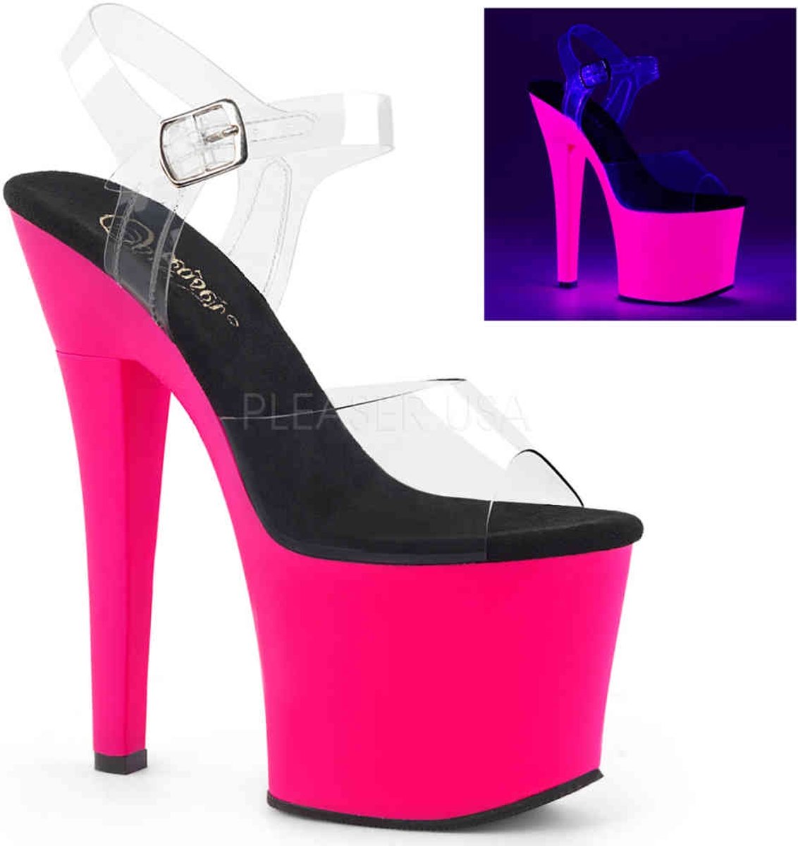 EU 35 = US 5 | RADIANT-708UV | 7 Heel, 3 1/4 PF UV Reactive Ankle Strap Sandal